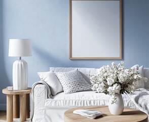 Minimalist modern living room with light blue wall white sofa and geometric pillows wooden furniture coastal style