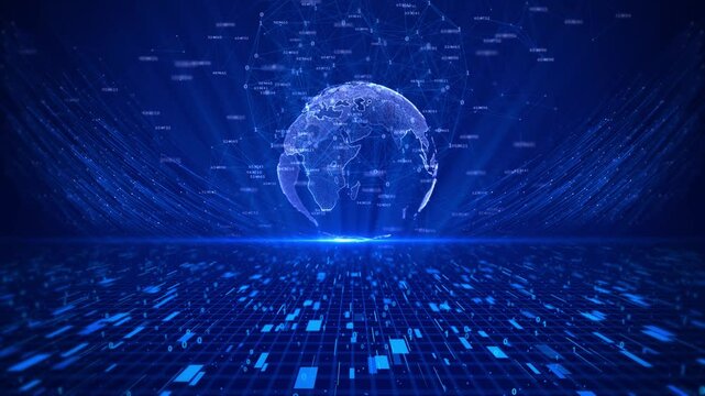Cyber Futuristic Worldwide Business Global 3D World trade map of 5G smart deep tech space AI big data fintech web3 blockchain crypto money internet of things IOT. Speed online news Earth Security 4K