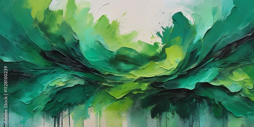 Poster vibrant abstract painting of swirling green waves with textured brushstrokes and dynamic layered com