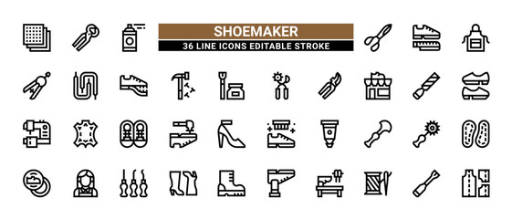 36 Shoemaker Line Icons Set Pack Editable Stroke Vector Illustration.