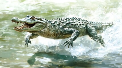 Naklejka premium A crocodile leaps from the water, showcasing its powerful body and sharp teeth in a dynamic action shot.