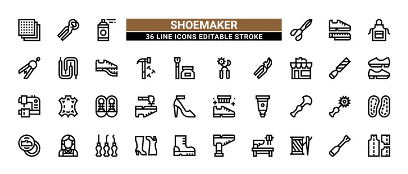 36 Shoemaker Line Icons Set Pack Editable Stroke Vector Illustration.
