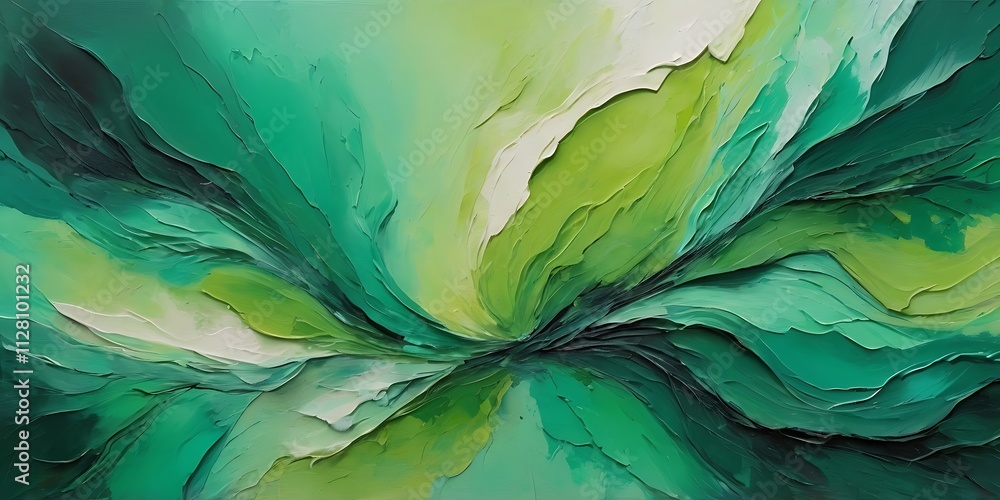 Poster vibrant abstract painting of swirling green waves with textured brushstrokes and dynamic layered com