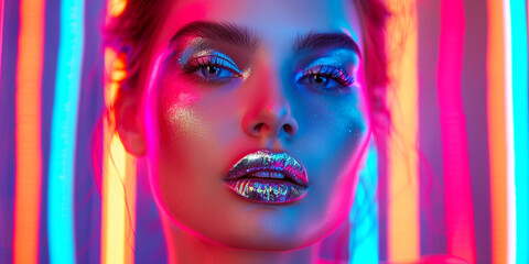 Fashion model in vibrant neon lights, metallic silver lips, glowing makeup. The brunette woman poses in a colorful, trendy studio setting