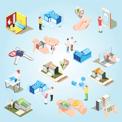 Real estate augmented reality isometric icon set with different elements and attributes of buildings illustration