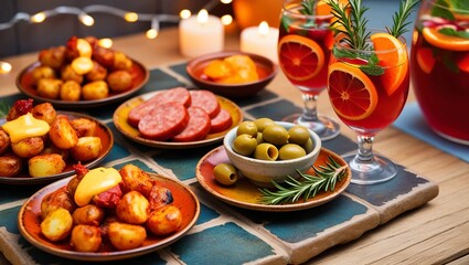 AI GENERATE, food festive of including patatas bravas, chorizo, and olives, served on small rustic plates with glasses of sangria in the background.