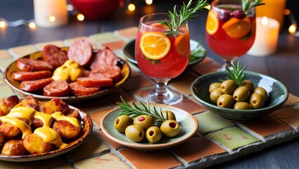 AI GENERATE, food festive of including patatas bravas, chorizo, and olives, served on small rustic plates with glasses of sangria in the background.