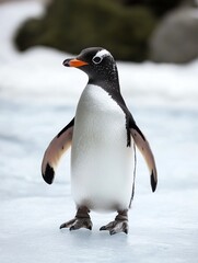 Fototapeta premium A charming penguin standing on icy terrain, showcasing its distinctive black and white feathers.