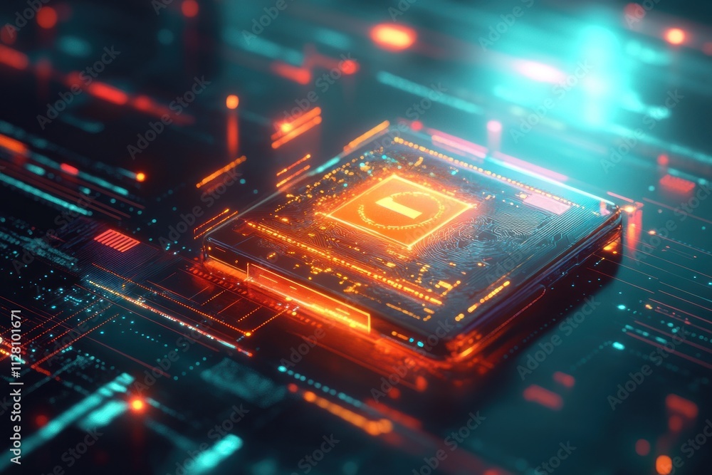 Poster futuristic cpu with glowing security lock symbol on circuit board.