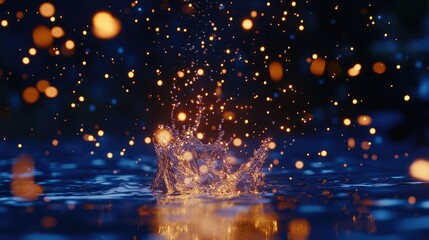 Naklejka premium Enchanting water splash with golden sparks, dark blue background, abstract, magical, fantasy, surreal, artistic, glowing, illuminated, glittering, mystical.