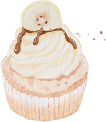 watercolor pastel cute  fruit cake banana caramel cupcake with frosting
