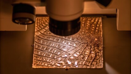 A microscope examining the grain structure of a ceramic sample revealing intricate patterns and details at a microscopic level.