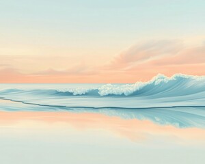Fototapeta premium Abstract of gentle waves rippling over a shallow beach at dusk, soft pastel blues and peach tones
