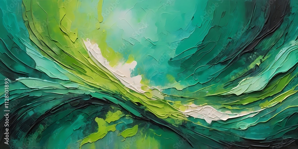 Poster vibrant abstract painting of swirling green waves with textured brushstrokes and dynamic layered com