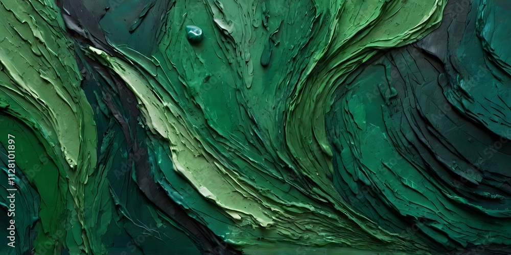 Poster vibrant abstract painting of swirling green waves with textured brushstrokes and dynamic layered com