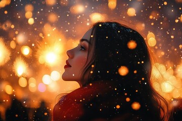 Surreal Impressionist Woman Watching Fireworks in Snowy Night Celebration