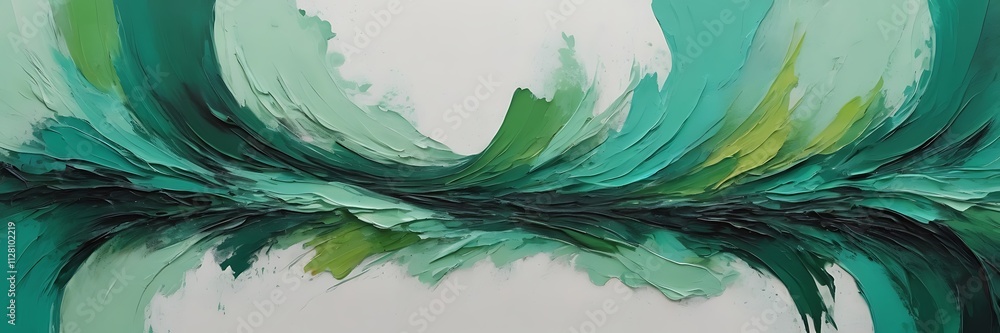 Poster vibrant abstract painting of swirling green waves with textured brushstrokes and dynamic layered com