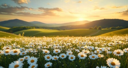 Daisy Meadow in Serene Landscape with Rolling Hills and Soft Golden Hour Light