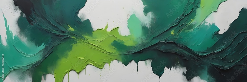 Poster vibrant abstract painting of swirling green waves with textured brushstrokes and dynamic layered com