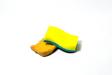 Old and new Scouring Pad or Kitchen Sponge on isolated white background, mainly used for washing dishes