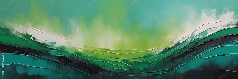 Poster vibrant abstract painting of swirling green waves with textured brushstrokes and dynamic layered com