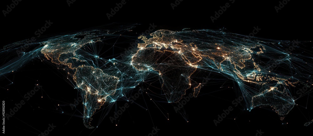 Poster global network connections visualized as a glowing world map in dark space.