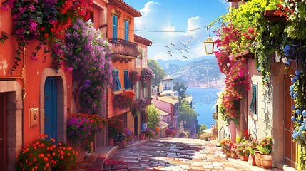 A picturesque city street in a Mediterranean town, with vibrant flowers spilling over balconies and cobblestone paths
