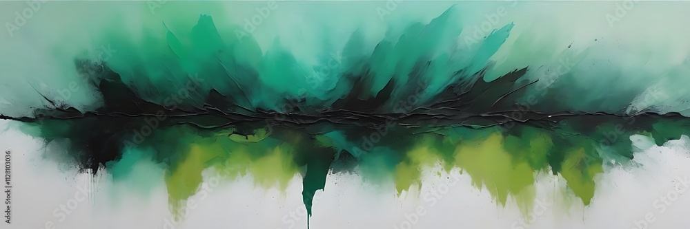 Poster vibrant abstract painting of swirling green waves with textured brushstrokes and dynamic layered com