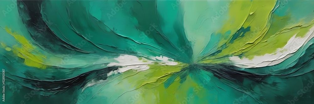 Poster vibrant abstract painting of swirling green waves with textured brushstrokes and dynamic layered com