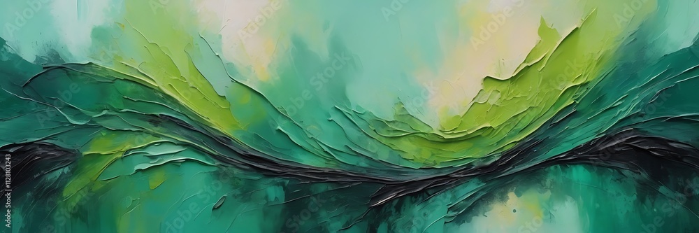 Poster vibrant abstract painting of swirling green waves with textured brushstrokes and dynamic layered com