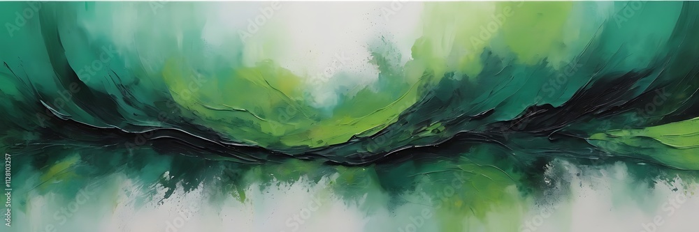 Poster vibrant abstract painting of swirling green waves with textured brushstrokes and dynamic layered com