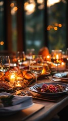 Fototapeta premium Elegant dinner party setup with fine dining experience scenic location tabletop decor evening ambiance intimate gathering concept
