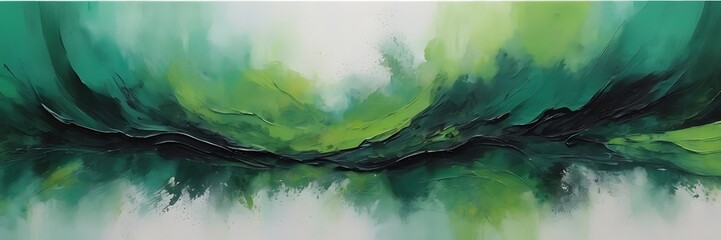 Vibrant Abstract Painting of Swirling Green Waves with Textured Brushstrokes and Dynamic Layered Composition