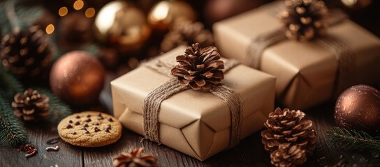 Christmas gift box with red ribbon on gold background with cookies and fir branches festive decorations