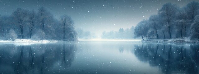 Winter Landscape with Snowflakes and Light, Serene Snowdrifts Under Blue Sky, Bokeh Effects for Holiday Season