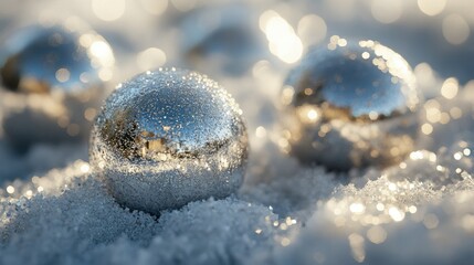  A macro shot of frosted Christmas baubles in shades of silver and gold, resting on a snow-dusted surface, natural morning light with delicate shadows, ultra-realistic textures
