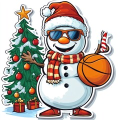 Cool snowman with basketball by Christmas tree.