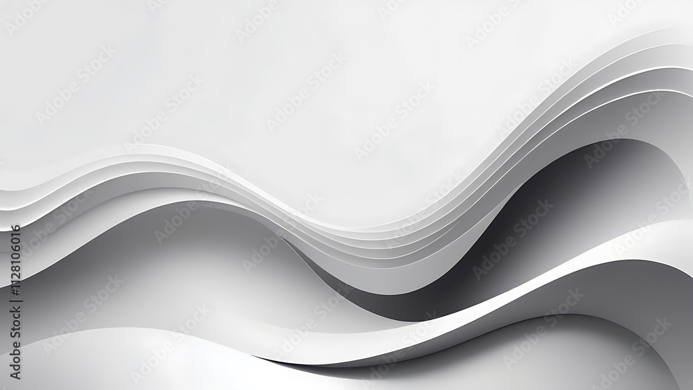Poster minimalist digital abstract artwork with flowing white wave design on soft gray background
