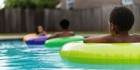 Obraz premium Three children are lounging on colorful inflatable rings in a swimming pool, representing joy, leisure, and the carefree spirit of summer while enjoying quality time together.