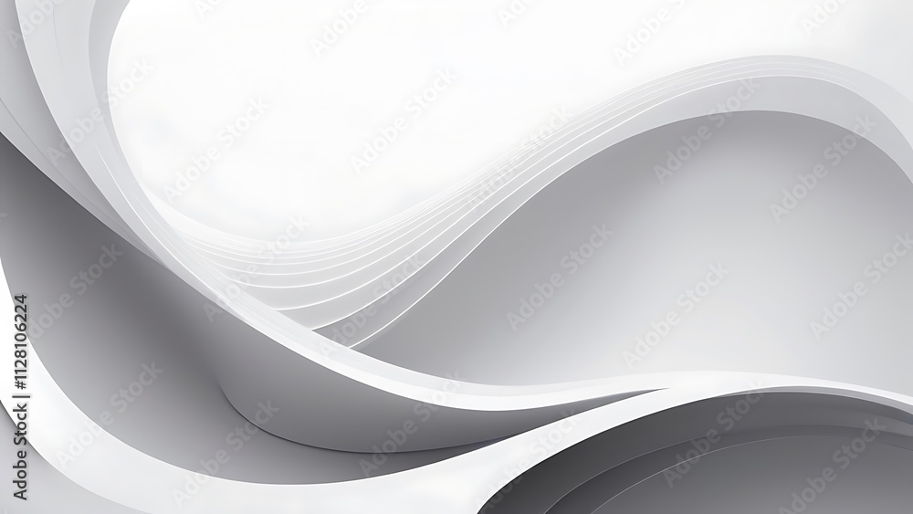 Poster minimalist digital abstract artwork with flowing white wave design on soft gray background