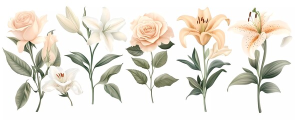 Set of vector floral bouquet, garden roses and lilies with greenery leaves, in dusty pink, beige, and cream colors, isolated on a white background