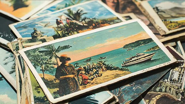 A vivid stack of vintage postcards prominently displaying various travel landmarks, arranged neatly on a wooden surface, highlighting vibrant and detailed artwork
