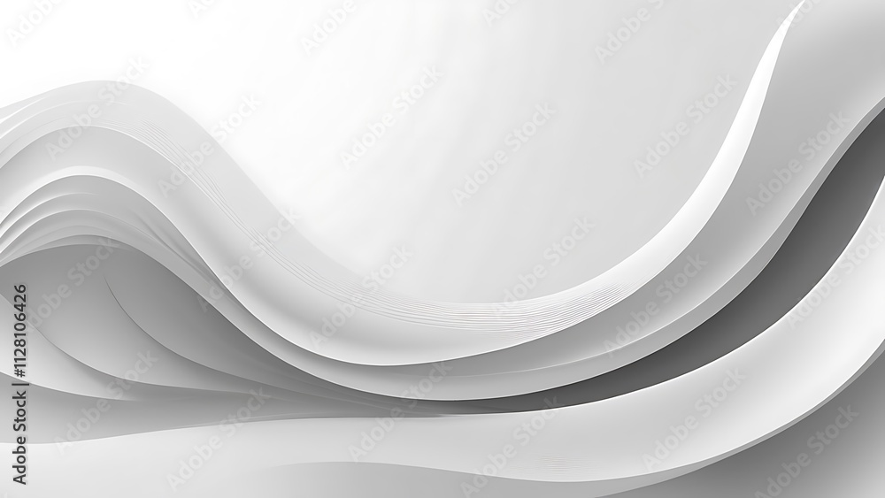 Poster minimalist digital abstract artwork with flowing white wave design on soft gray background