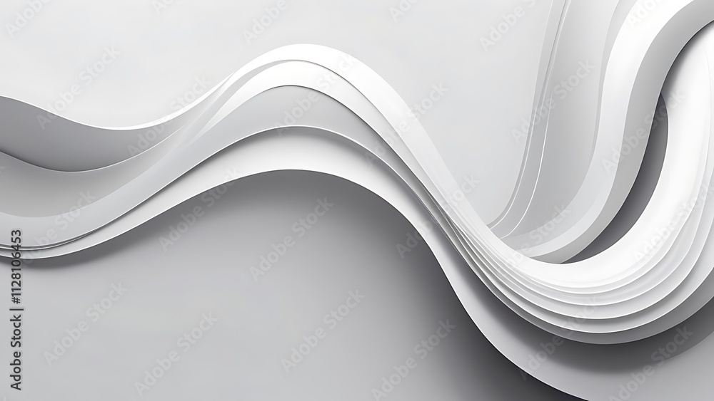 Poster minimalist digital abstract artwork with flowing white wave design on soft gray background