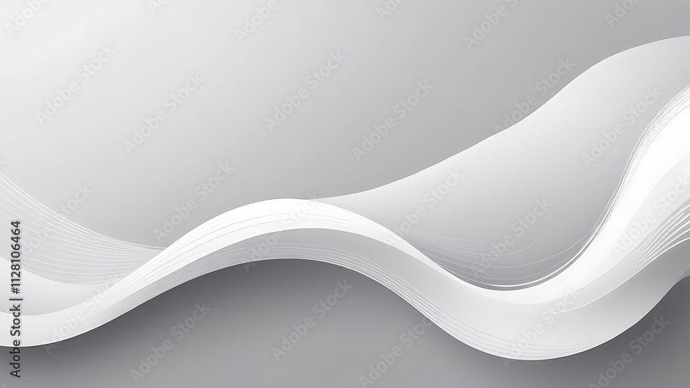 Poster minimalist digital abstract artwork with flowing white wave design on soft gray background