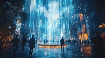 Futuristic city street at night with glowing digital waterfall and people walking.