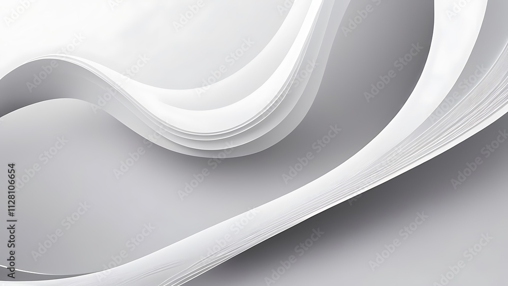 Poster minimalist digital abstract artwork with flowing white wave design on soft gray background
