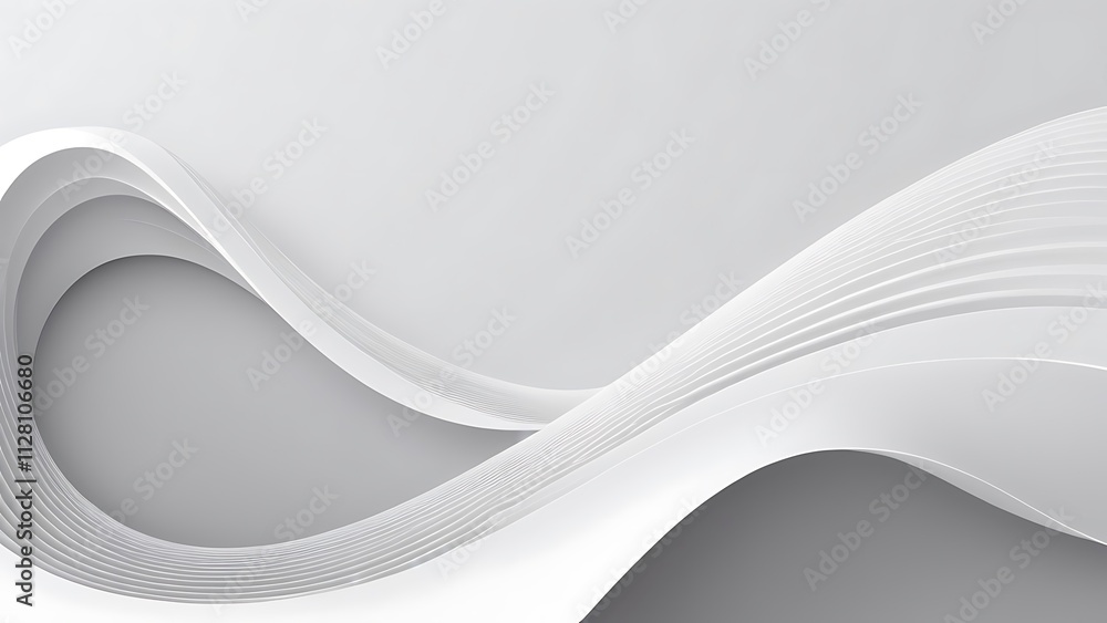 Poster minimalist digital abstract artwork with flowing white wave design on soft gray background