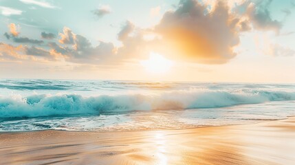 Beautiful Sandy Beach with Soft Blue Ocean Wave, Golden Sand, Gentle Ripple, Ideal Place for Relaxation and Enjoying the Seaside Scenery.