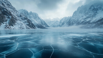 Fototapeta premium serene mountain lake frozen under a thick layer of cracked ice reflecting blue hues with rugged peaks in the distance symbolizing resilience isolation and the intricate beauty of nature's patterns
